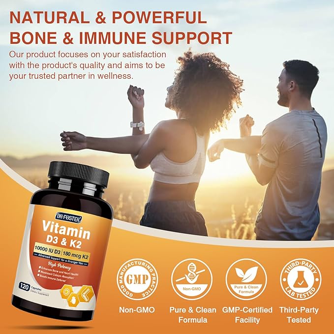 DRFOSTER Vitamin D3 K2, 10000 IU Vitamin D3 Plus 180 mcg of Vitamin K2, Supplements for Adults for Bone & Heart Health Support, 120 Capsules