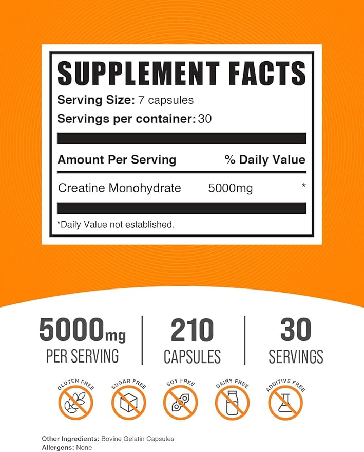 BulkSupplements.com Creatine Monohydrate Capsules - Micronized Creatine Monohydrate, Sports Nutrition - 7 Capsules per Serving, 5000mg, Gluten Free, 210 Count (Pack of 1)