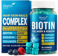 Biotin Gummies with Collagen & Keratin - Hair Growth Support, Skin and Nail Strength Vitamins for Women & Men - Vitamin B7 + B-Complex, MSM, Bamboo Extract - Beauty Chew Supplement - 60 Gummy Bears
