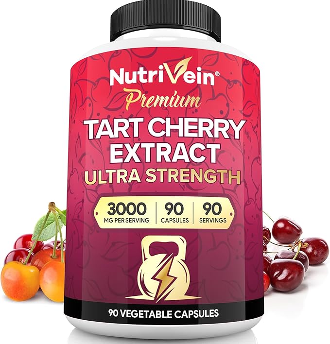 Nutrivein Premium Tart Cherry Capsules 3000mg: Ultra Strength Tart Cherry Extract Supplement for Post-Athletic Recovery, Detox, Rest, & Mobility