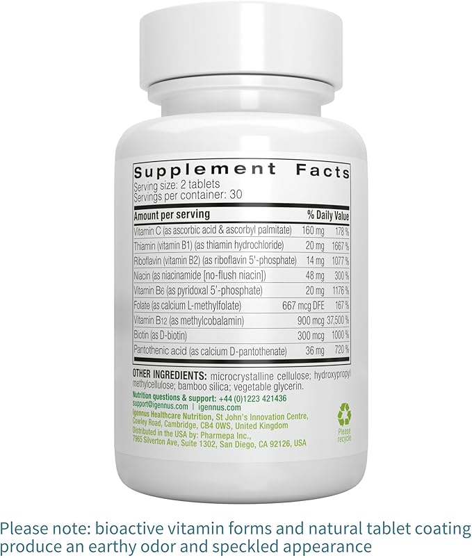 Igennus Super B-Complex Methylated B Vitamins - Sustained Release, Clean Label & High Absorption, with 5-MTHF Folate & Methyl B12, Energy, Mood & Cognitive Performance, Lab Verified, 60 Small Tablets