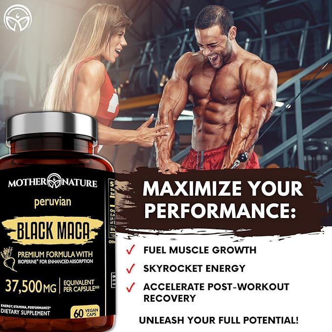 Black Maca Root 50:1 Extract 37,500mg – 60 Capsules Organic Peruvian Maca Peruana Supplement for Men | High Potency Energy, Mood & Performance Support | Vegan, Non-GMO