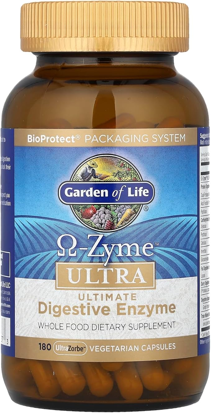 Garden of Life 21 Powerful Digestive Enzymes with Papain, Bromelain, Lipase, Ginger, Turmeric for Complete Digestion of Protein, Carbs & Fats – Omega-Zyme ULTRA, Gluten-Free, Vegetarian, 180 Capsules
