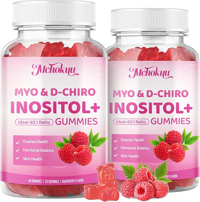 Myo-Inositol & D-Chiro Inositol Gummies, Ideal 40:1 Ratio Supplement for Women with Vitamin D3 & B12 for Support Hormonal Balance & Wellness, Sugar Free, Raspberry, 60 Count