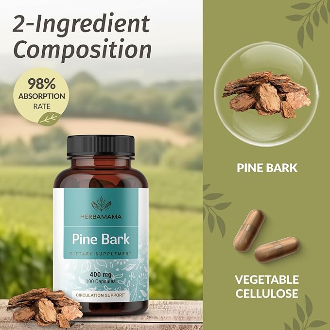HERBAMAMA Pine Bark Extract Capsules - 400mg French Maritime Pine Bark Extract Powder for Antioxidant Support - Vegan, Non-GMO Pinus Pinaster Supplement