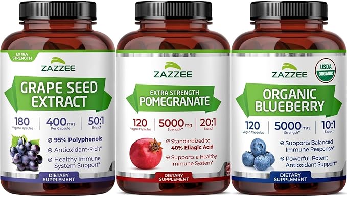 Zazzee Ultimate Anti Aging Antioxidant Bundle | Polyphenol Rich 10:1 Blueberry Extract and Super Concentrated Grape Seed with 20:1 Extra Strength Pomegranate Extract | Non-GMO Vegan & ISO Lab Tested