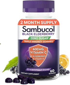 Sambucol Black Elderberry Zero Sugar Triple Immunity Gummies - Daily Vitamin C & Vitamin D, Sugar Free Black Elderberry Gummies for Adults and Kids, Chewable Berry Supplement - 60 Count