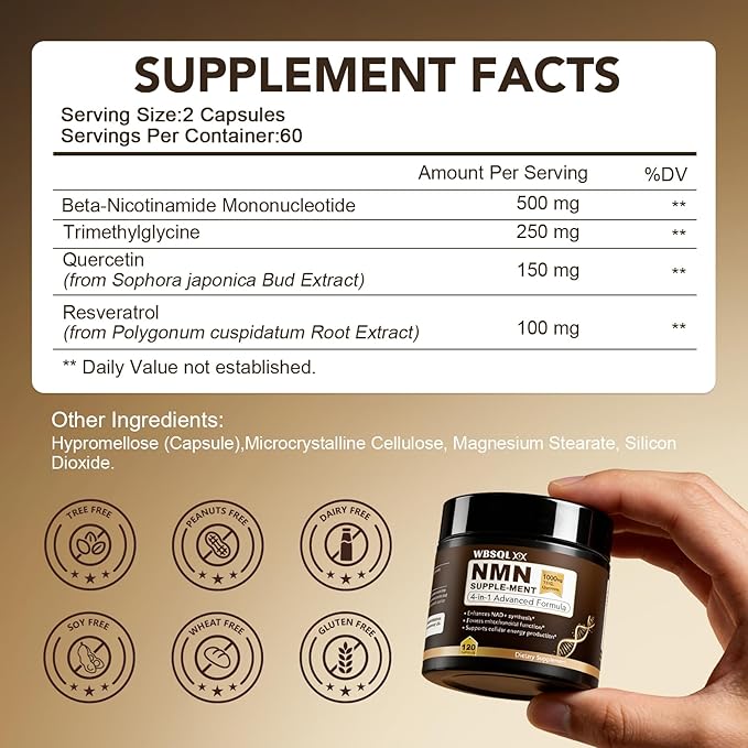NMN Supplements 1000mg Pure Organic – NMNH, NAD+ Alternative & NAD Supplement, Resveratrol 1000mg Organic, NAD Resveratrol Supplement, TMG & Quercetin for Cellular Support, 120 Capsules