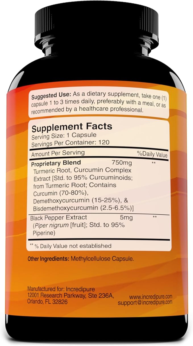 Turmeric Curcumin Supplement with Black Pepper Extract - 755mg Per Capsule, 120 Veggie Caps by Curcumin Incredipure