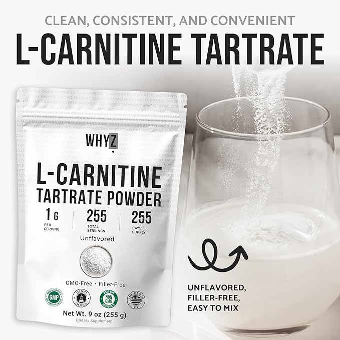 L-Carnitine Tartrate Powder Pure Unflavored Carnitine Supplement Amino Acid Powder L-Carnitine Tartrate Bulk Supply, 255g (9 oz)