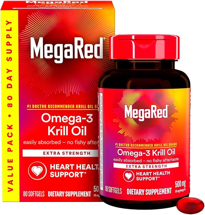 MegaRed Extra Strength 500mg Omega-3 Krill Oil Supplement with EPA/DHA, No Fishy Aftertaste Supports Heart Health, 80 Count Softgels (2 Pack)