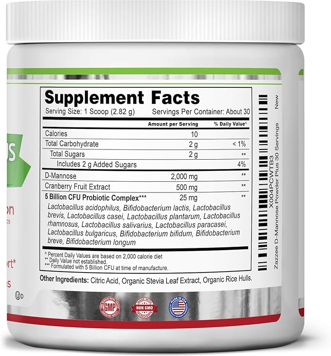 Zazzee D-Mannose Powder Plus, 2000 mg, 30 Servings, Plus 5 Billion CFU Probiotics and Pure Cranberry Juice Extract, Certified Kosher, Free Scoop, 2.98 oz, Urinary Tract Support, Non-GMO, All-Natural