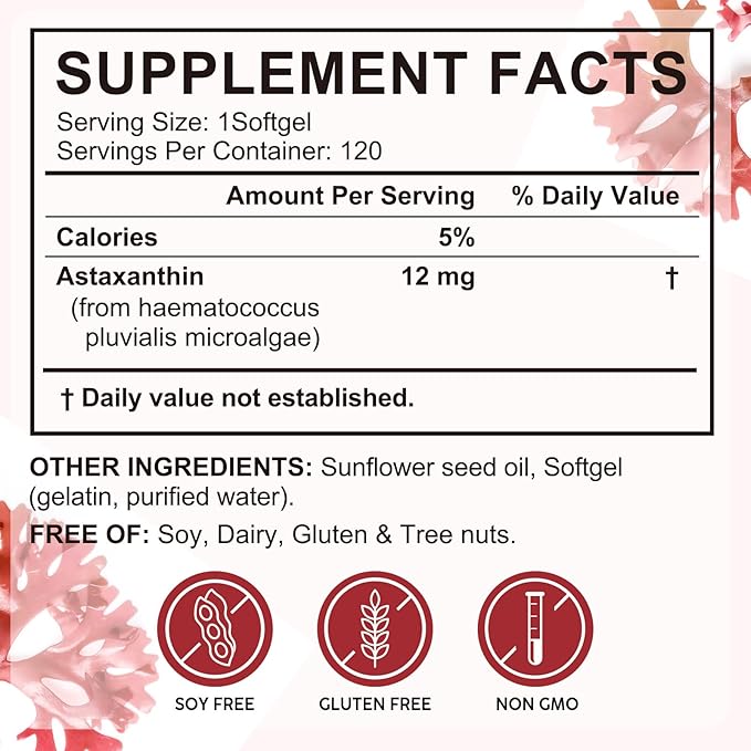 2 Pack Astaxanthin Supplements 12mg, Premium Astaxanthin Antioxidant Supplements with Antioxidant Activity, Supports Eye, Skin, Immune, Joint, Internal Circulation