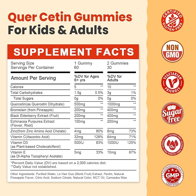 (2 Pack) Sugar Free Quercetin with Bromelain Gummies for Kids & Adult - Immune, Antioxidant, Seasonal Support, 1000mg Quercetin Supplements with Bromelain, Zinc, Elderberry, Vitamin C D3 E, 120 Count