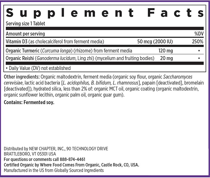 New Chapter Fermented Vitamin D3 2,000 IU, Organic, ONE Daily for Immune, Heart & Bone Support + Whole-Food Turmeric, Adaptogenic Reishi Mushroom, 100% Vegetarian, Gluten Free, 90 Count
