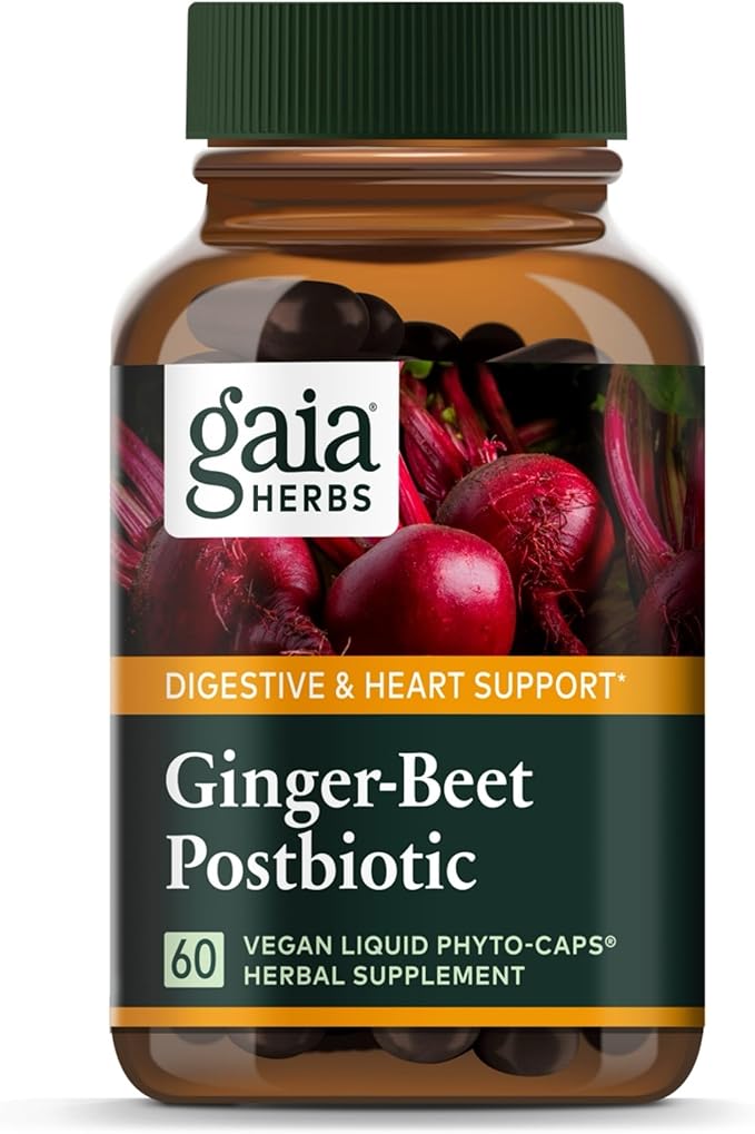Gaia Herbs Ginger-Beet Postbiotic - Supplement for Gut & Heart Health Support* - Made with Fermented Beets & Ginger - Free from Dairy, Soy & Gluten - 60 Vegan Liquid Phyto-Caps (30 Servings)