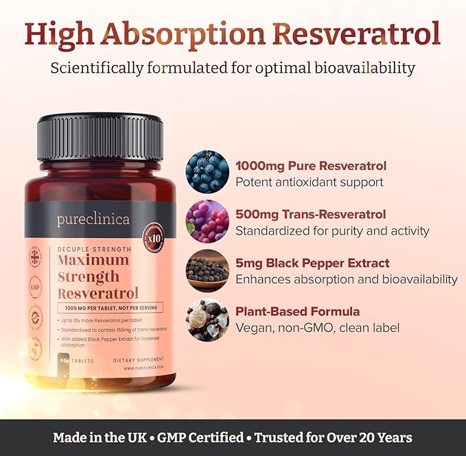 pureclinica Maximum Strength Resveratrol 1000mg x 360 Tablets - (4 Bottles of 90-12 Months Supply). 10 x Strength w/Black Pepper Extract