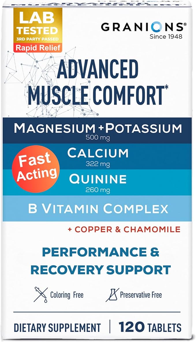 Granions Advanced Muscle Comfort - Natural Muscle Relaxer Pills Support - Quinine, Magnesium, Potassium, B Vitamins, Chamomile, CoQ10 - Immediate Muscle Relaxation and Comfort - 120 Tablet, 30 Serving