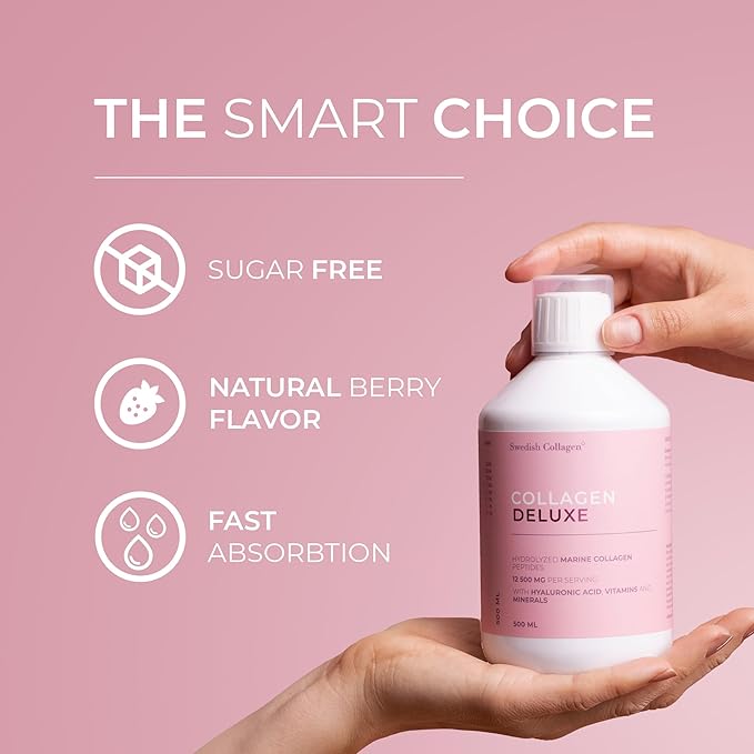 Swedish Collagen Deluxe | 12,500 mg Hydrolyzed Marine Collagen Liquid Supplement - 500 ml, 20 Day Supply | Hyaluronic Acid, Biotin and Vitamin C for Healthy Hair, Skin, Nails and Joints | Sugar-Free