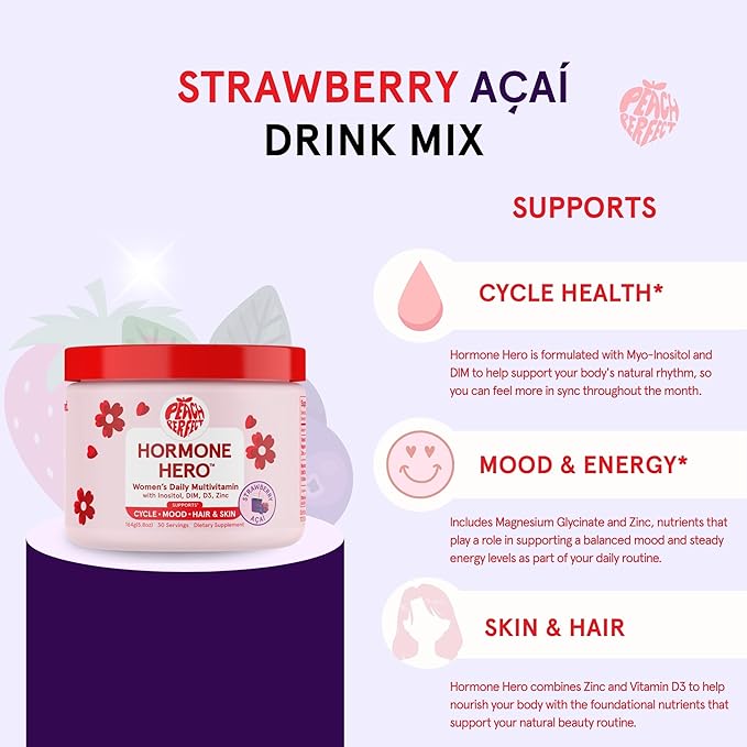 Peach Perfect Inositol Powder Multivitamin, Strawberry Acai Flavor – 3 – Supports Women’s Health, 30 SVG