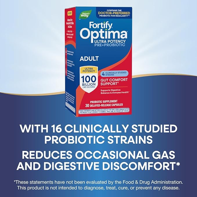 Nature's Way Fortify Optima Probiotic for Adults, 100 Billion Live Cultures, 15 Strains, Supports Digestive and Immune Health*, Plant-Based Prebiotic Fiber, 30 Capsules (Packaging May Vary)