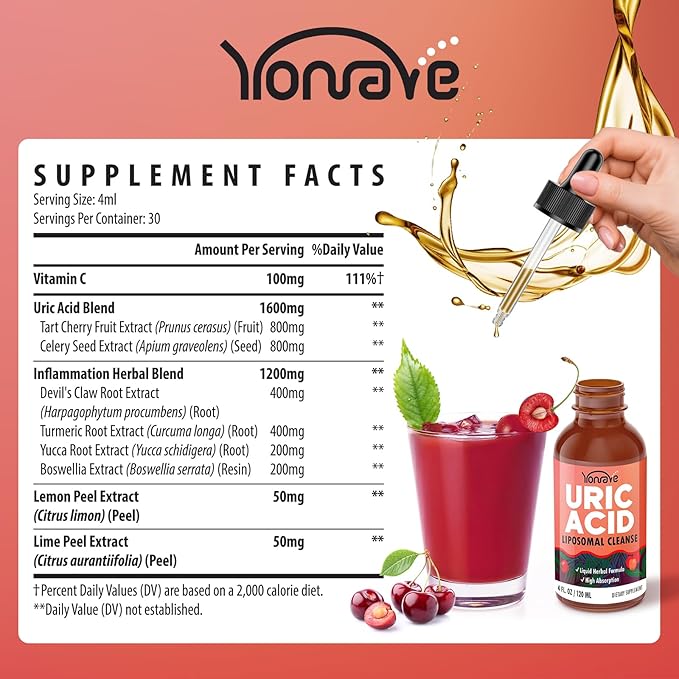 Liposomal Uric Acid Drops, Tart Cherry Supplement with Celery Seed & Boswellia Extract – Muscle, Detox, Joint and Kidney, Uric Acid Cleanse Liquid Supplement– 4 FL OZ (1 Bottle)