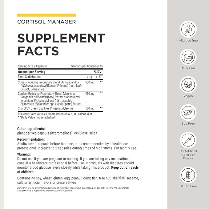 Integrative Therapeutics Cortisol Manager Allergen Free - Adrenal Health Support Supplement for Healthy Stress Response* - Vegan, Non-Dairy & Gluten-Free - 90 Capsules (45 Servings)