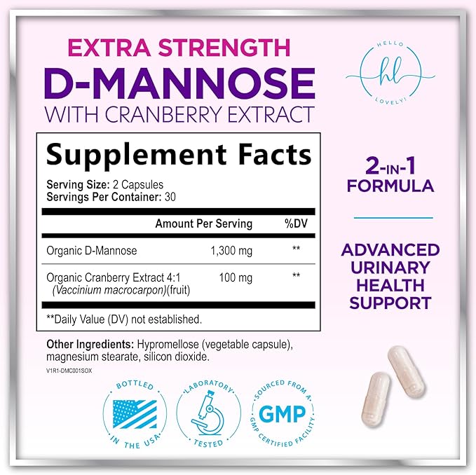 Organic D Mannose 1300mg per Serving Supplements - Extra Strength D-Mannose Capsules with Cranberry - for Natural Gentle Cleansing & Urinary Tract Health Support - Bottled in USA - 60 Capsules