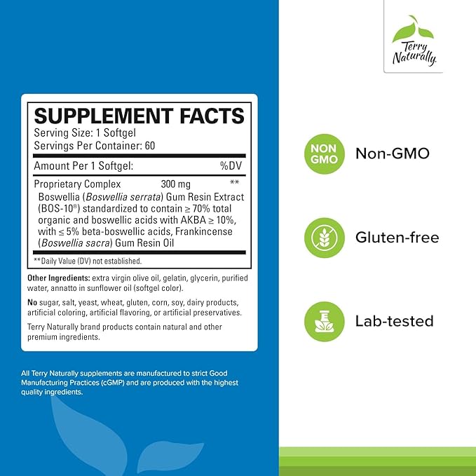 Terry Naturally Boswellia Plus Frankincense Oil - Joint Support Supplement to Support Mobility & Joint Comfort - Support Cellular Health with Boswellia & Frankincense Oil - 60 Softgels