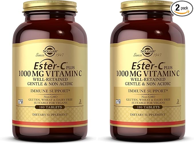 Solgar Ester-C Plus 1000 mg Vitamin C (Ascorbate Complex) - 180 Tablets - Gentle & Non Acidic - Supports Upper Respiratory Health - Non-GMO,Gluten-Free - 180 Servings, (Pack of 2)