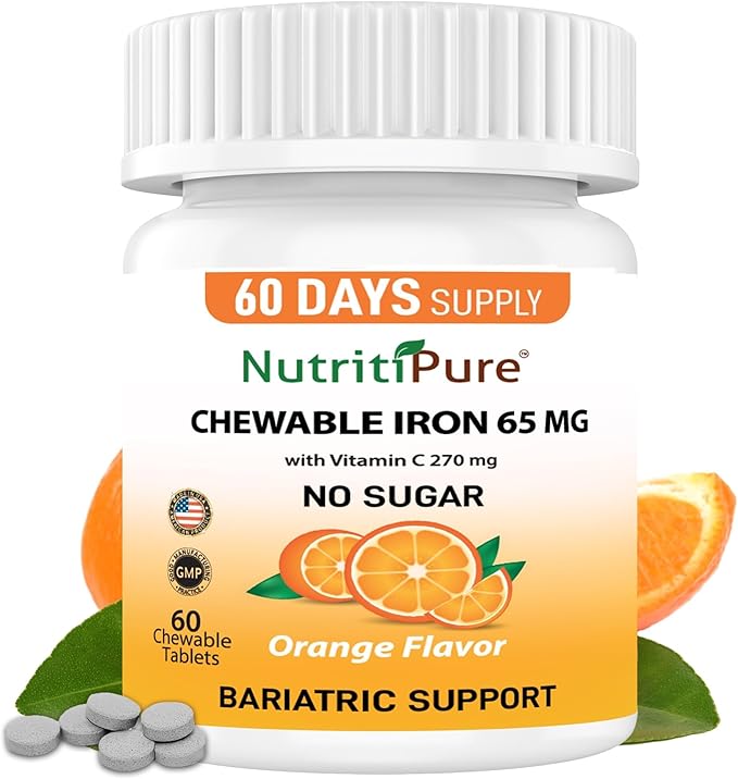 Chewable Carbonyl Iron 65mg with 270mg Vitamin C – Bariatric Friendly Tablet (Non-Gummy), Sugar-Free Orange Flavor - Iron Supplement – 60 Tablets (60 Day Supply)
