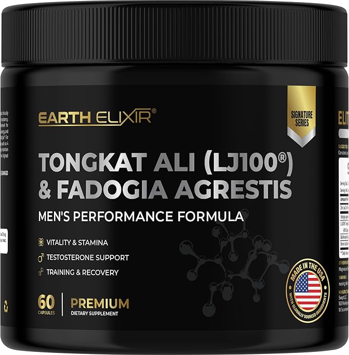 Earth Elixir LJ100 Tongkat Ali & Fadogia Agrestis for Men – Natural Testosterone Supplement - Made in USA & 3rd Party Tested for Strength, Energy & Vitality - Clinically Studied Tongkat Ali LJ100