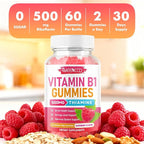 MEENCCD Vitamin B1 Gummies 500mg, Thiamine B1 Supplement Supports Energy Production, B1 Vitamin for Adults & Kids, Sugar-Free, Vegan, Raspberry Flavor, 60 Count
