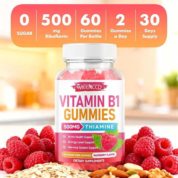 MEENCCD Vitamin B1 Gummies 500mg, Thiamine B1 Supplement Supports Energy Production, B1 Vitamin for Adults & Kids, Sugar-Free, Vegan, Raspberry Flavor, 60 Count