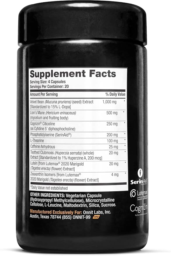ONNIT Alpha Brain Black Label Capsules, IGEN Non-GMO Tested Citicoline Brain Supplement for Concentration and Memory, Lion’s Mane, Lutemax Lutein, L Theanine and Mucuna Pruriens, 80 Count