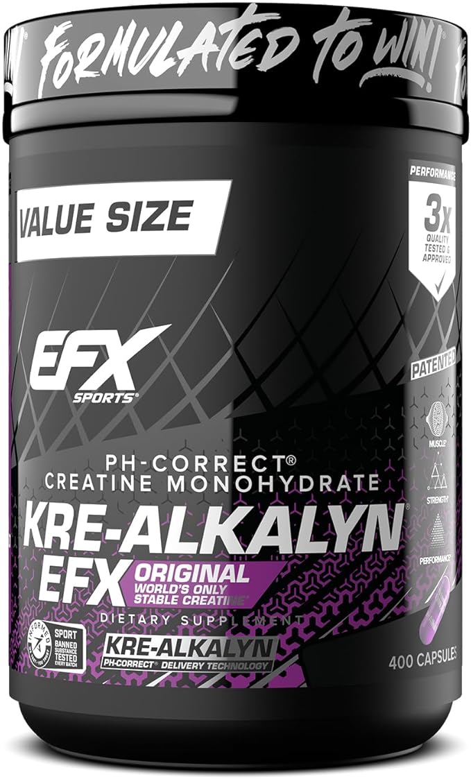 EFX Sports Kre-Alkalyn EFX | pH Correct Creatine Monohydrate Pill Supplement | Strength, Muscle Growth & Performance | 200 Servings, 400 Capsules