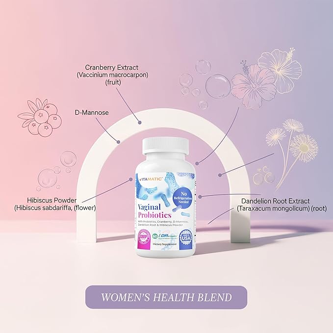 Vitamatic Vaginal Probiotics for Women – 20 Billion CFU, pH Balance & Odor Control, 60 DR Capsules with Prebiotics, Cranberry, D-Mannose, Hibiscus & Dandelion – Feminine Health & Daily Support*