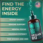 Vegan Vitamin B12 Liquid Drops - Fast-Acting 5000 mcg Methylcobalamin B12 Sublingual Supplement - Energy, Memory and Mood Support - High-Potency One-Dropper Per Day - Natural Citrus Flavor - 2oz