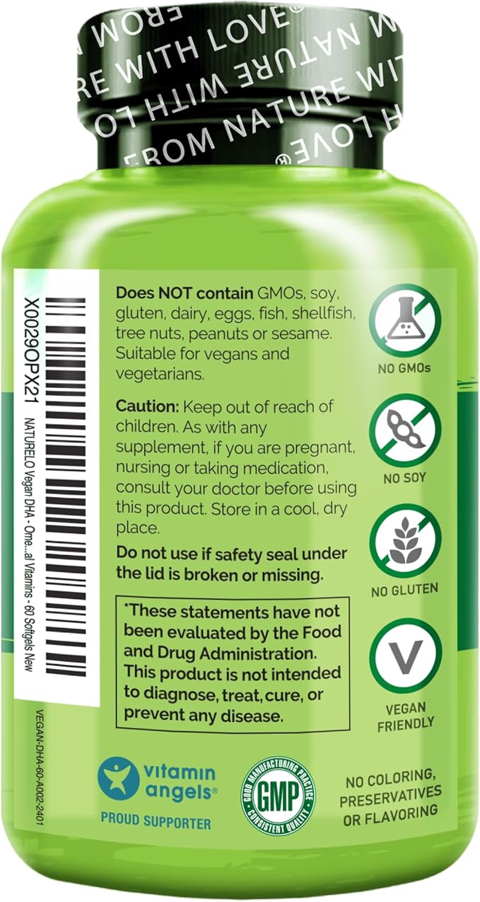 NATURELO Vegan DHA - Omega 3 Oil from Algae - Supplement for Brain, Heart, Joint, Eye Health - Provides Essential Fatty Acids for Women, Men and Kids - Complements Prenatal Vitamins - 60 Softgels