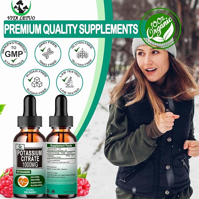 Potassium Citrate Liquid Drops,Potassium Supplement 1000mg Liquid Support Muscle Cramp Relief, Heart Health and Sleep,Highly Absorbable for Adults Women & Men, Vegan, 30 Servings