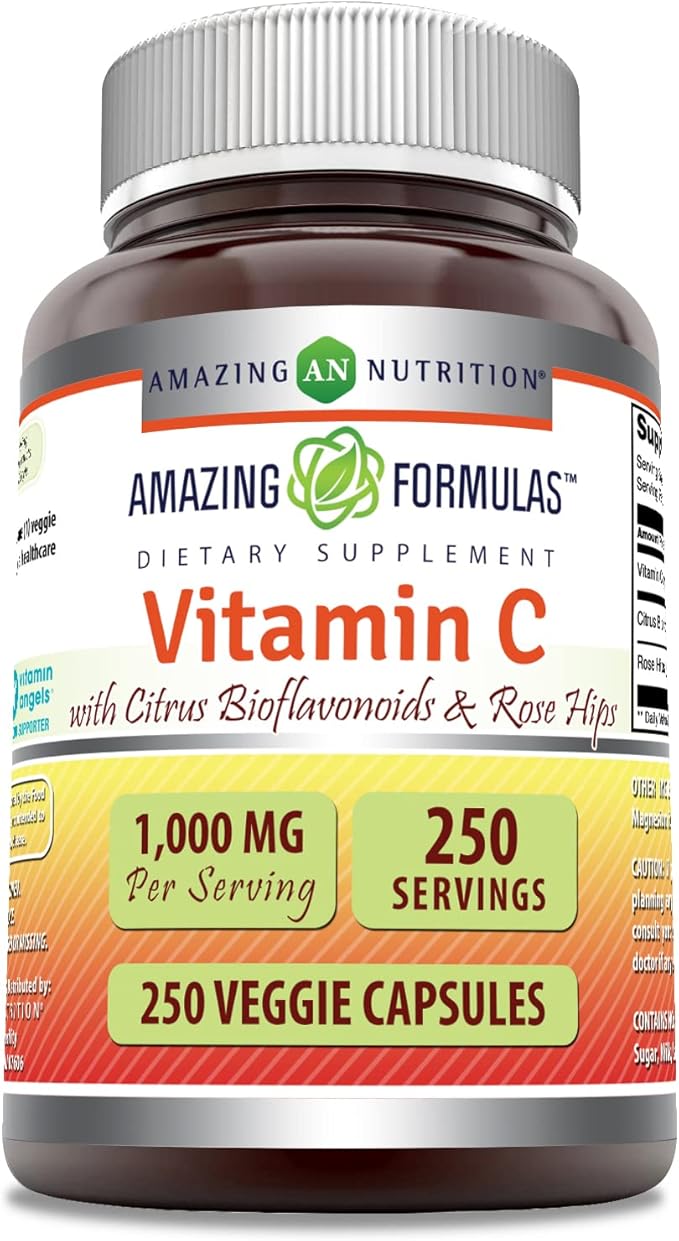 Amazing Formulas Vitamin C with Rose Hips & Citrus Bioflavonoids | 1000 Mg per Serving Supplement | 250 Veggie Capsules | Non-GMO | Gluten-Free | Made in USA