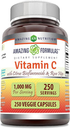 Amazing Formulas Vitamin C with Rose Hips & Citrus Bioflavonoids | 1000 Mg per Serving Supplement | 250 Veggie Capsules | Non-GMO | Gluten-Free | Made in USA