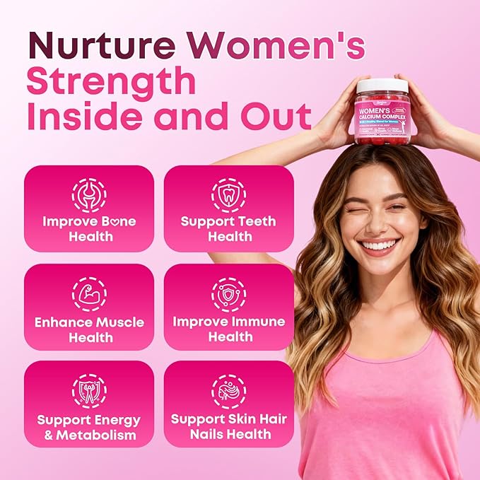 Calcium Gummies for Women, Calcium Citrate 1200mg with Vitamin D3 K2, Collagen & Biotin, B0ne, Teeth, Immune & Hormone Support, Sugar Free, Non-GMO, Gluten-Free, Strawberry Flavor, 90 Count