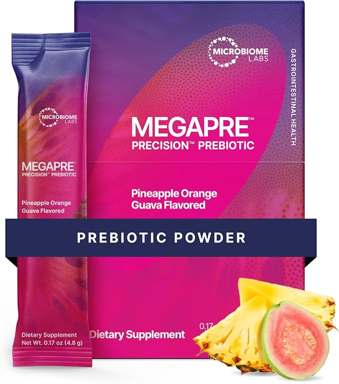 Microbiome Labs MegaPre Prebiotic Fiber Powder for Women, Men & Kids - Pre-Dosed Prebiotic Fiber Supplement Powder with Clinically Tested Oligosaccharides - Pineapple Orange Guava (30 Drink Packets)