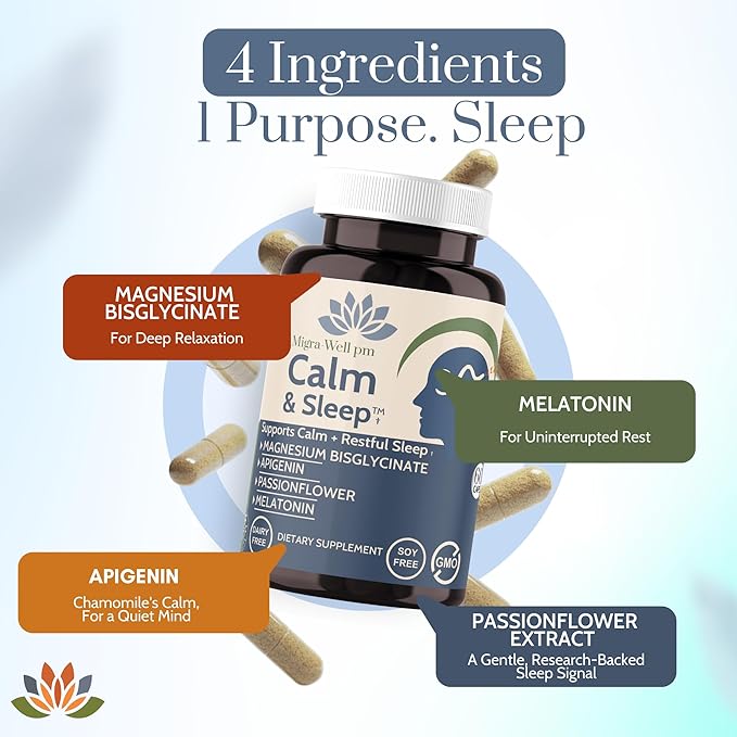 Migra-Well PM Sleep Aid for Adults – Magnesium Bisglycinate with Apigenin & Passionflower for Calm, Deep Sleep & Nerve Support – Non-Habit Forming, Plant-Based Sleep Supplement, 60 Capsules