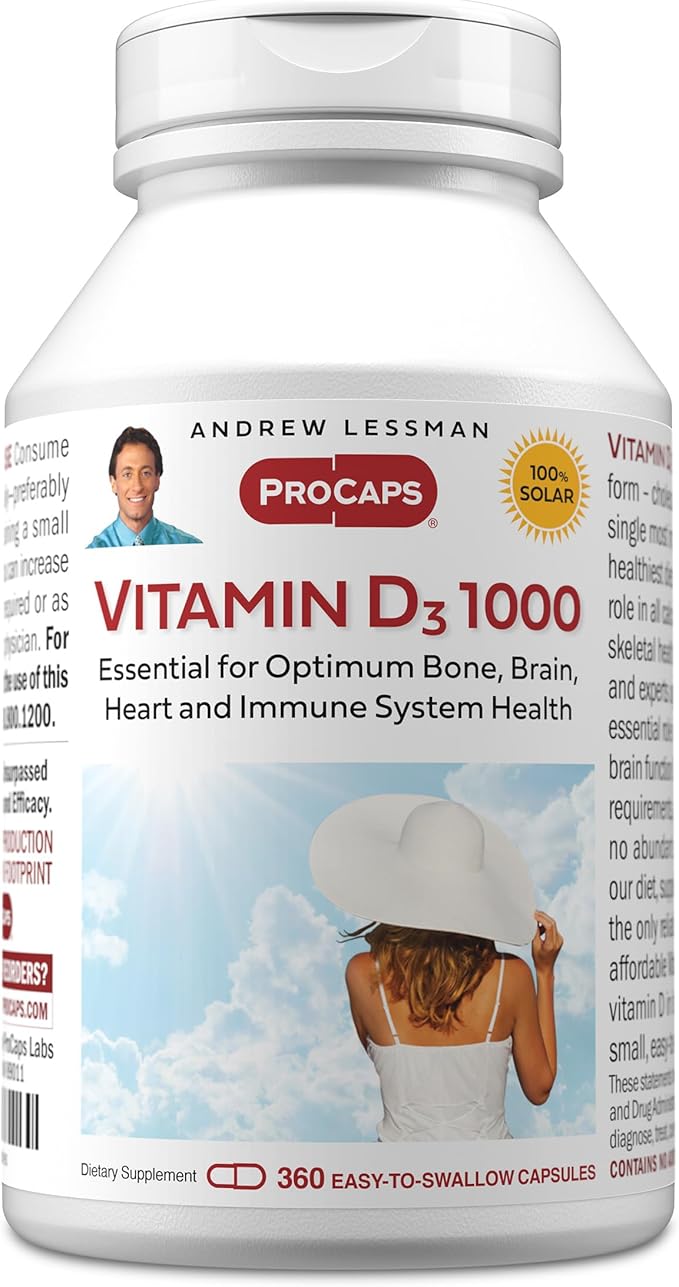 ANDREW LESSMAN Vitamin D3 1000 IU 360 Capsules - High Potency, Essential for Calcium Absorption, Supports Bone Health, Healthy Muscle Function, Immune System, More. Small Easy to Swallow Capsules