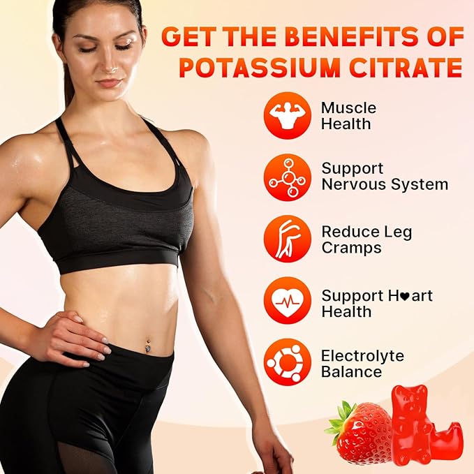 Potassium Citrate Gummies 1200mg for Adults, Women & Men Chewable Potassium Supplement for Muscle Health & Electrolyte Support Sugar Free, Strawberry Flavor, 60 Count