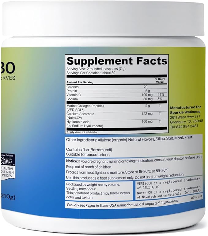 Sparkle Wellness Marine-derived VERISOL Bioactive Hydrolyzed Collagen Peptides | Collagen Powder Supplement with Vitamin C & Hyaluronic Acid | Marine Skin Boost Plus (Vanilla) [30-Serves]
