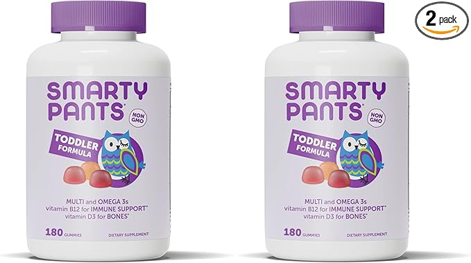 SmartyPants Toddler Multivitamin Gummies: Omega 3 Fish Oil (EPA/DHA), Vitamin D3, C, Vitamin B12, B6, A, K & Zinc, Biotin, Beta Carotene, Gluten Free, Three Fruit Flavors, 180 Count (60 Day Supply)