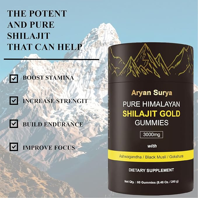 Natural Himalayan Shilajit Gold Gummies – 3000mg Shilajit with KSM-66 Ashwagandha, Gokshura & Black Musli, No Added Sugar Energy & Stamina Support Supplement for Men & Women – 60 Gummies